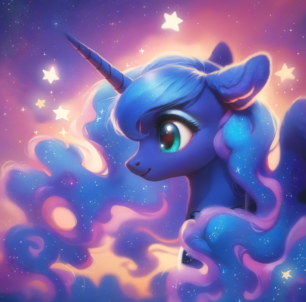 Size: 918x907 | Tagged: safe, ai content, derpibooru import, machine learning assisted, machine learning generated, stable diffusion, princess luna, alicorn, pony, g4, beautiful, blue background, blue mane, cute, ear fluff, fluffy, generator:purplesmart.ai, green eyes, image, long hair, makeup, night, png, prompter:saltyvity, simple background, smiling, solo, stars, the cosmos, wallpaper