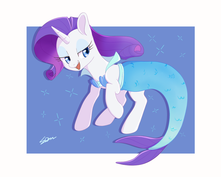 Size: 1700x1358 | Tagged: safe, artist:sion, derpibooru import, part of a set, rarity, mermaid, pony, unicorn, g4, clothes, costume, dress, female, halloween, halloween costume, holiday, horn, image, lidded eyes, mare, mermaid costume, mermarity, nightmare night costume, open mouth, open smile, passepartout, png, rarity's mermaid dress, signature, simple background, smiling, solo, white background