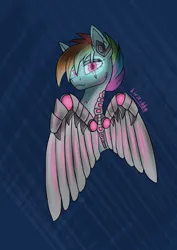 Size: 2480x3508 | Tagged: safe, artist:kirieshka, derpibooru import, rainbow dash, pegasus, pony, amputee, artificial wings, augmented, cyberpunk, cyberpunk 2077, headphones, headset, image, implant, implants, iron wings, mechanical wing, multicolored mane, pink eyes, png, prosthesis, prosthetic limb, prosthetics, visor, wings