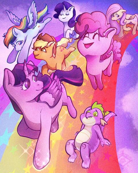 Size: 1000x1250 | Tagged: safe, artist:markyoureye, derpibooru import, applejack, fluttershy, pinkie pie, rainbow dash, rarity, spike, twilight sparkle, twilight sparkle (alicorn), alicorn, dragon, earth pony, pegasus, pony, unicorn, g4, eyes closed, female, floppy ears, flying, horn, image, jpeg, male, mane seven, mane six, mare, mlp fim's fourteenth anniversary, open mouth, open smile, pronking, rainbow, smiling, wingless spike