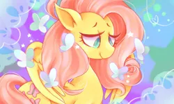 Size: 1600x960 | Tagged: safe, artist:daycolors, derpibooru import, fluttershy, butterfly, insect, pony, g4, female, image, jpeg, looking at something, mare, solo, spread wings, wings