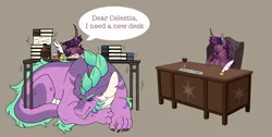 Size: 3468x1753 | Tagged: safe, artist:angstyram, derpibooru import, spike, twilight sparkle, dragon, pony, unicorn, alternate design, book, desk, glass, image, inkwell, png, quill, twitterina design, unicorn twilight, wine glass