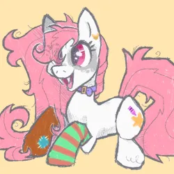 Size: 600x600 | Tagged: safe, artist:lastunicorn666, derpibooru import, oc, oc:stickerpet, earth pony, pony, clothes, female, image, lying down, mare, orange background, png, prone, simple background, socks, solo