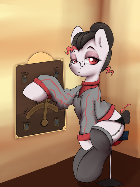 Size: 2850x3800 | Tagged: suggestive, artist:dumbwoofer, derpibooru import, oc, oc:oatis pone, pony, black stockings, blazer, clothes, elevator, eyeshadow, female, freckles, garter belt, glasses, hair bun, image, looking at you, makeup, mare, mare fair, png, sitting, sketch, snowpity inc., socks, stockings, sweater, thigh highs, turtleneck