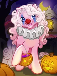 Size: 1800x2400 | Tagged: safe, artist:sparkytopia, derpibooru import, pinkie pie (g3), earth pony, pony, g3, blue eyes, candy, clothes, clown, clown makeup, clown nose, clown outfit, costume, curly mane, food, halloween, halloween costume, holiday, image, jack-o-lantern, outdoors, pink coat, png, pumpkin, red nose, signature, solo, white mane, ych example, your character here