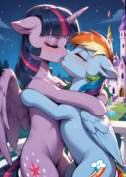 Size: 1776x2496 | Tagged: suggestive, ai content, derpibooru import, machine learning generated, prompter:bluetoothworld, rainbow dash, twilight sparkle, twilight sparkle (alicorn), alicorn, pegasus, pony, blushing, duo, duo female, eyes closed, female, horn, image, kiss on the lips, kissing, lesbian, mare, night, outdoors, png, shipping, side view, twidash, wings