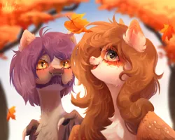 Size: 2500x2000 | Tagged: safe, artist:unt3n, derpibooru import, oc, oc:lavender, oc:mabel, unofficial characters only, bat pony, pegasus, pony, autumn, bust, cheek fluff, chest fluff, commission, duo, duo male and female, ear fluff, ear tufts, eyelashes, female, high res, image, leaf, leaves, male, mare, pegasus oc, png, portrait, render, shading, signature, wings