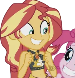 Size: 2425x2520 | Tagged: safe, derpibooru import, edit, edited screencap, editor:mrtoonlover83, screencap, pinkie pie, sunset shimmer, equestria girls, g4, background removed, duo, duo female, female, image, not a vector, png, smiling, solo, sunset shimmer swimsuit