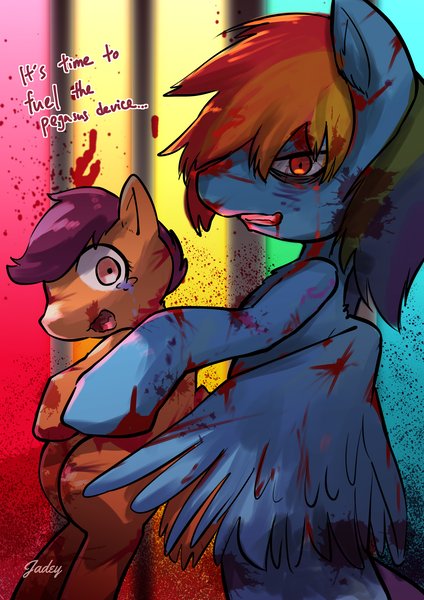 Size: 2421x3425 | Tagged: grimdark, artist:jadeydraws, derpibooru import, rainbow dash, scootaloo, pegasus, pony, fanfic:rainbow factory, bipedal, blood, fanfic art, female, filly, foal, high res, holding, image, looking at you, mare, png, rainbow factory dash