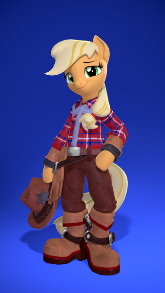 Size: 2160x3840 | Tagged: safe, artist:owlpirate, derpibooru import, applejack, earth pony, pony, semi-anthro, g4, 3d, 4k, boots, clothes, cowboy boots, cowboy hat, female, gradient background, hat, hat off, high res, hoof hold, hoof on hip, image, lidded eyes, looking at you, mare, plaid shirt, png, shirt, shoes, smiling, smiling at you, solo, source filmmaker