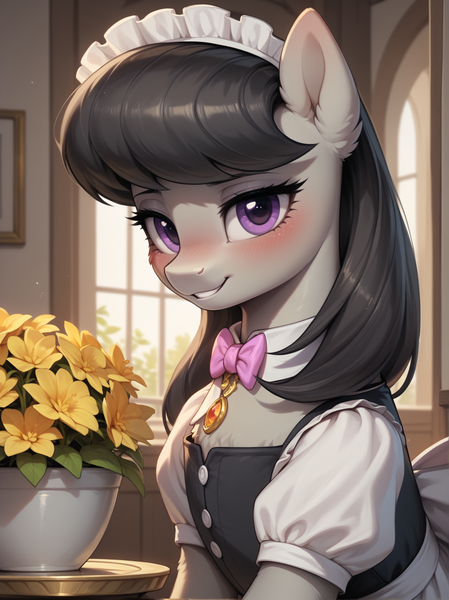 Size: 1496x2000 | Tagged: safe, ai content, derpibooru import, machine learning generated, prompter:lagerai, stable diffusion, octavia melody, earth pony, pony, g4, blushing, clothes, ear fluff, flower, generator:pony diffusion v6 xl, image, indoors, jewelry, looking at you, maid, maid headdress, necklace, png, smiling, smiling at you, solo