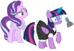 Size: 1280x893 | Tagged: safe, artist:kingdom-of-rp, derpibooru import, starlight glimmer, twilight sparkle, twilight sparkle (alicorn), alicorn, pony, unicorn, clothes, duo, duster, female, glow, glowing horn, happy trance, horn, hypnosis, hypnotized, image, maid, mare, png, smiling, smirk