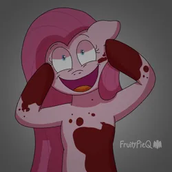 Size: 1000x1000 | Tagged: semi-grimdark, artist:fruiitypieq, derpibooru import, pinkie pie, earth pony, blood, female, gray background, image, imminent murder, pinkamena diane pie, png, simple background, smiling