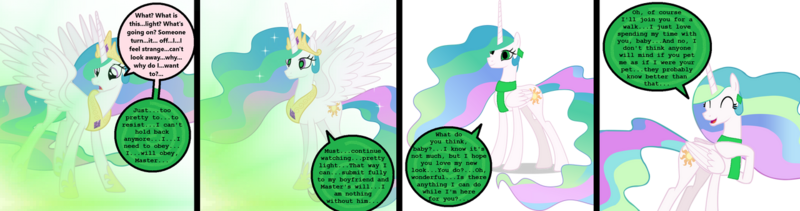 Size: 1280x337 | Tagged: safe, artist:kingdom-of-rp, derpibooru import, princess celestia, alicorn, pony, ^^, alternate eye color, clothes, comic, crown, ear piercing, earring, eyes closed, female, glowing light, happy trance, hoof on chest, hypnosis, hypnotized, image, jewelry, light, mare, master, offscreen character, open mouth, open smile, piercing, png, regalia, scarf, smiling, spread wings, startled, wings