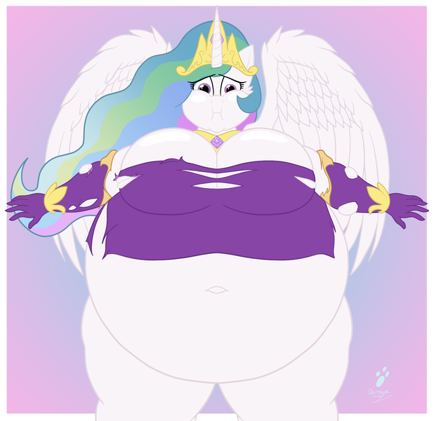 Size: 1809x1757 | Tagged: suggestive, artist:duragan, derpibooru import, princess celestia, alicorn, anthro, air inflation, belly, belly button, belly expansion, blimpestia, body expansion, breast expansion, breasts, busty princess celestia, clothes, female, growth, image, inflating, inflation, png, puffy cheeks, story included, swelling, thighs, this will end in explosions, thunder thighs, torn clothes, wardrobe malfunction, worried