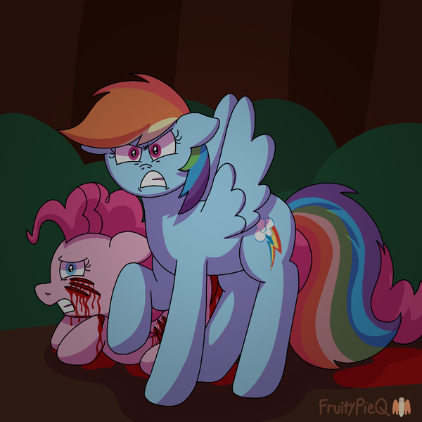 Size: 1000x1000 | Tagged: semi-grimdark, artist:fruiitypieq, derpibooru import, pinkie pie, rainbow dash, earth pony, pegasus, g4, angry, blood, female, image, in pain, png, scar, vengeance