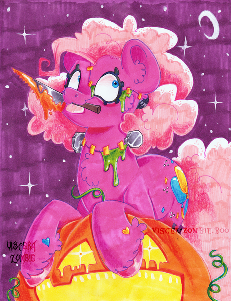 Size: 2530x3285 | Tagged: safe, artist:maniczombiedreamgirl, derpibooru import, pinkie pie, earth pony, g4, 2024, :3, blue eyes, bolts, cheek fluff, chest fluff, clothes, costume, crescent moon, cute, diapinkes, ear fluff, female, frankenpony, halloween, holiday, image, inverted colors, jack-o-lantern, knife, looking at you, mlp fim's fourteenth anniversary, moon, mouth hold, night, night sky, nightmare night, nightmare night costume, pigtails, pink coat, pink hooves, pink mane, pink tail, png, pumpkin, redesign, sky, slime, smiling, solo, stars, stitched body, stitches, tail, tongue out, traditional art, unshorn fetlocks, vine, watermark