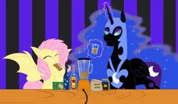 Size: 2420x1409 | Tagged: safe, artist:earthquake87, derpibooru import, fluttershy, nightmare moon, alicorn, bat pony, pony, apple cider, bag, bat ponified, blender (object), bottle, box, cheek bulge, drink, drinking, drinking glass, ethereal mane, eyes closed, female, flutterbat, food, glass, glow, glowing horn, helmet, horn, image, jar, magic, mare, png, race swap, simple background, spread wings, starry mane, starry tail, tail, telekinesis, wings