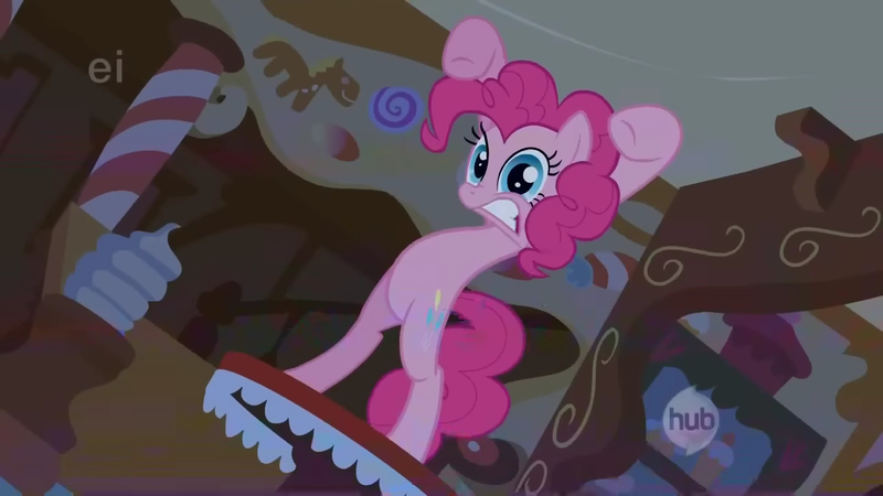 Size: 1280x720 | Tagged: safe, derpibooru import, screencap, pinkie pie, bridle gossip, g4, bipedal, female, hub logo, image, jpeg, logo, the hub