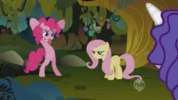 Size: 1280x720 | Tagged: safe, derpibooru import, screencap, fluttershy, pinkie pie, rarity, earth pony, pegasus, pony, unicorn, bridle gossip, g4, season 1, bipedal, female, flutterguy, horn, hub logo, image, jpeg, logo, mare, messy mane, the hub, tongue out, trio