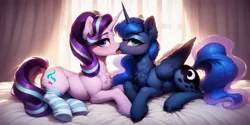 Size: 2048x1024 | Tagged: suggestive, ai content, anonymous prompter, derpibooru import, machine learning generated, princess luna, starlight glimmer, alicorn, pony, unicorn, blushing, chest fluff, clothes, duo, duo female, ear fluff, facing each other, female, fluffy, french kiss, horn, image, kissing, lidded eyes, looking at you, lying down, mare, png, prone, socks, tongue out, unshorn fetlocks