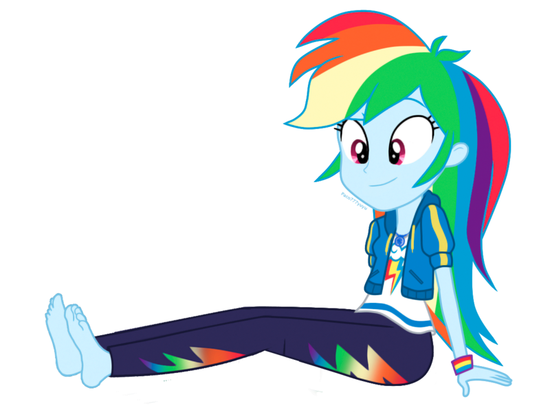 Size: 1115x853 | Tagged: safe, artist:paco777yuyu, derpibooru import, rainbow dash, human, equestria girls, g4, barefoot, clothes, feet, female, fetish, foot fetish, image, jacket, pants, png, shirt, simple background, sitting, transparent background