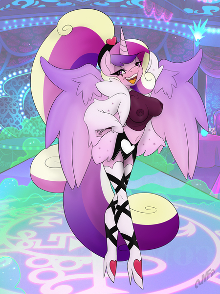 Size: 900x1200 | Tagged: questionable, artist:miniferu, derpibooru import, princess cadance, alicorn, anthro, breasts, clothes, cosplay, costume, fanart, female, halloween, halloween costume, helluva boss, holiday, image, jpeg, milf, nightmare night, nipples, nudity, open mouth