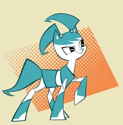 Size: 2826x2866 | Tagged: safe, artist:glacierclear, derpibooru import, oc, unofficial characters only, earth pony, pony, abstract background, commission, female, image, jenny wakeman, mare, my life as a teenage robot, pigtails, png, solo, twintails