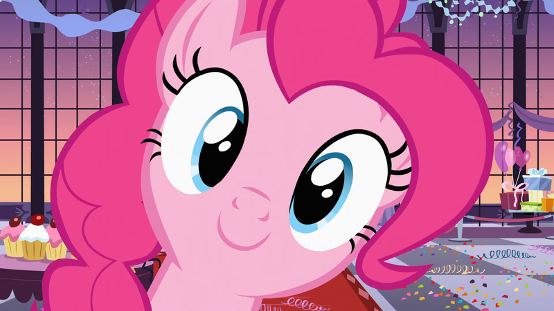 Size: 1920x1080 | Tagged: safe, derpibooru import, screencap, pinkie pie, earth pony, pony, g4, season 2, sweet and elite, balloon, confetti, female, image, looking at you, mare, png, present, smiling, solo