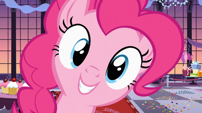 Size: 1920x1080 | Tagged: safe, derpibooru import, screencap, pinkie pie, earth pony, pony, g4, season 2, sweet and elite, balloon, confetti, female, image, looking at you, mare, png, present, smiling, solo