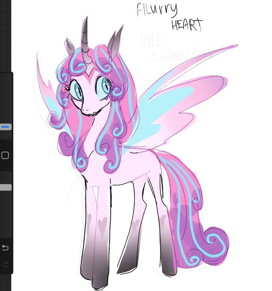 Size: 1394x1491 | Tagged: safe, artist:peachmichea, derpibooru import, princess flurry heart, alicorn, changeling, hybrid, pony, g4, art program in frame, colored, colored sketch, concave belly, curved horn, english, female, gradient horn, half changeling, horn, image, jpeg, mare, sketch, slender, solo, standing, thin