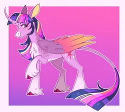 Size: 1157x1038 | Tagged: safe, artist:wanderingpegasus, derpibooru import, twilight sparkle, twilight sparkle (alicorn), alicorn, pony, g4, cloven hooves, colored wings, curved horn, gradient background, gradient legs, horn, image, large wings, leonine tail, pale belly, passepartout, png, raised hoof, smiling, solo, tail, unshorn fetlocks, wings