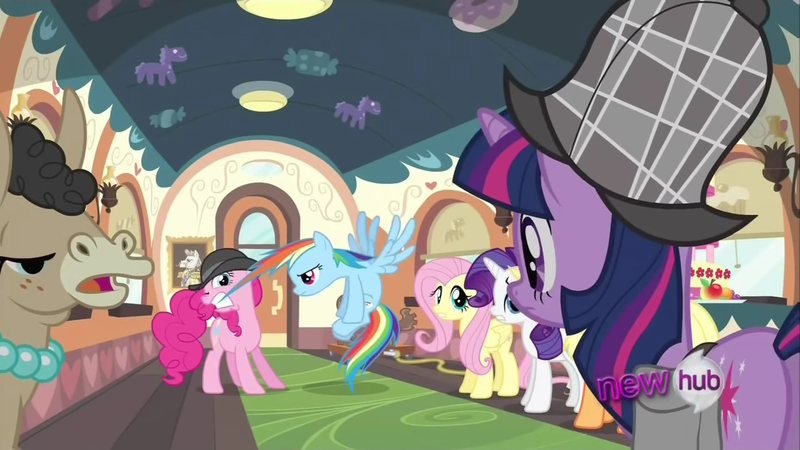 Size: 1280x720 | Tagged: safe, derpibooru import, screencap, applejack, fluttershy, mulia mild, pinkie pie, rainbow dash, rarity, twilight sparkle, earth pony, hybrid, mule, pegasus, unicorn, g4, mmmystery on the friendship express, bowler hat, deerstalker, detective, female, hair grab, hair pulling, hat, horn, hub logo, image, indoors, jpeg, logo, mane six, mouth hold, sherlock sparkle, the hub, train, unicorn twilight