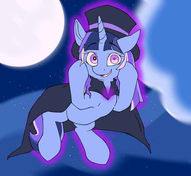 Size: 2560x2364 | Tagged: safe, artist:luxsimx, derpibooru import, oc, oc:flawless sparklemoon, pony, unicorn, cape, clothes, female, hat, horn, image, mare, moon, night, png, solo