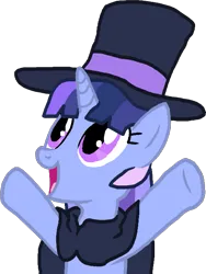 Size: 529x703 | Tagged: safe, ponerpics import, oc, oc:flawless sparklemoon, pony, unicorn, armpits, cape, cloak, clothes, cute, female, hat, hooves in air, image, joy, looking up, mare, open mouth, open smile, png, rainbowshining, raised hoof, smiling, snowpity, top hat, visible snowpity