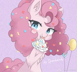 Size: 1125x1047 | Tagged: safe, artist:kandy78626, derpibooru import, pinkie pie, earth pony, pony, abstract background, bilibili, chest fluff, confetti in mane, cream, eating, female, image, jpeg, licking, looking at you, mare, solo, text, tongue out