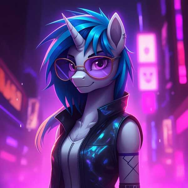 Size: 1024x1024 | Tagged: safe, ai content, derpibooru import, generator:google imagen 3.0, machine learning generated, prompter:zerowinger, vinyl scratch, anthro, unicorn, bust, clothes, female, horn, image, jpeg, looking at you, neon, piercing, portrait, solo, sunglasses, vest