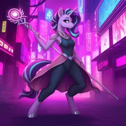 Size: 1024x1024 | Tagged: safe, ai content, derpibooru import, generator:google imagen 3.0, machine learning generated, prompter:zerowinger, starlight glimmer, anthro, unguligrade anthro, city, clothes, female, image, jpeg, neon, skirt, solo, staff