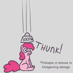 Size: 1500x1500 | Tagged: safe, artist:zoeyhorse, derpibooru import, pinkie pie, earth pony, pony, g4, cartoon physics, cartoon violence, cute, diapinkes, female, gray background, image, mare, missing cutie mark, no thoughts head empty, pinkie being pinkie, pinkie physics, png, simple background, sitting, solo, text, weights