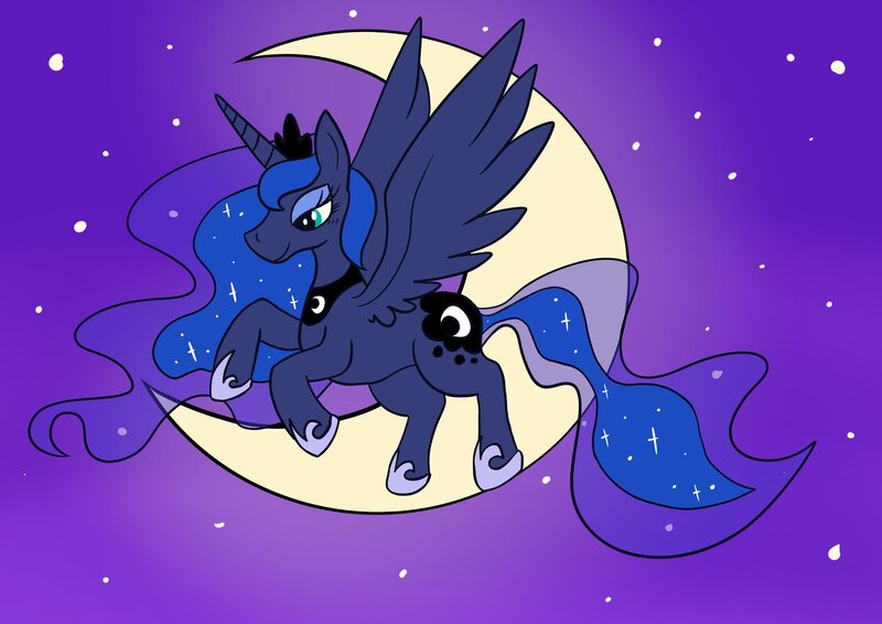 Size: 2048x1448 | Tagged: safe, artist:scraleos, derpibooru import, princess luna, alicorn, pony, g4, concave belly, crescent moon, flying, image, jpeg, lidded eyes, moon, solo