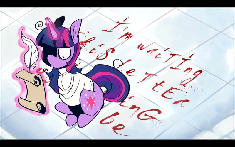 Size: 2800x1752 | Tagged: grimdark, artist:urbanqhoul, derpibooru import, twilight sparkle, pony, unicorn, blood, bondage, evil twilight, female, horn, image, insanity, jpeg, levitation, magic, mare, my little romance - princess, padded cell, pmv, quill, screenshots, scroll, sitting, straitjacket, telekinesis, unicorn twilight, writing