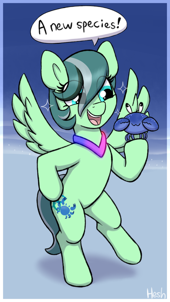 Size: 1388x2464 | Tagged: safe, artist:heretichesh, derpibooru import, oc, unofficial characters only, crab, pegasus, pony, bipedal, eye clipping through hair, female, image, mare, open mouth, open smile, pegasus oc, png, smiling, solo, sparkles, speech bubble, spread wings, wings