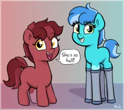 Size: 2492x2224 | Tagged: safe, artist:heretichesh, derpibooru import, oc, oc:raspberry toffy, oc:saltwater toffy, unofficial characters only, earth pony, pony, cute, duo, female, filfil, filly, foal, freckles, grin, high res, image, looking at you, ocbetes, open mouth, open smile, png, smiling, smiling at you, smirk, speech bubble, stilts