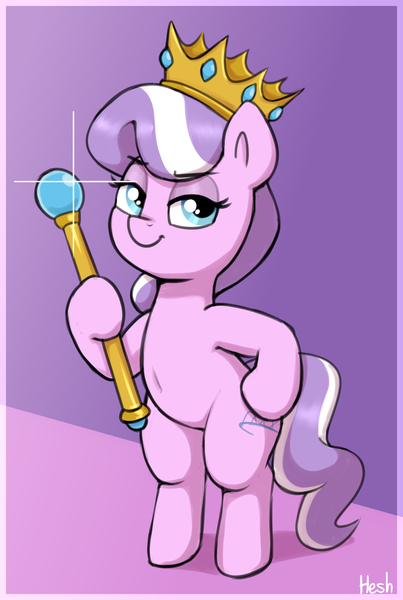 Size: 1692x2520 | Tagged: safe, artist:heretichesh, derpibooru import, diamond tiara, earth pony, pony, g4, belly, belly button, bipedal, crown, female, filly, foal, hoof hold, hoof on hip, image, jewelry, lidded eyes, looking at you, png, regalia, scepter, signature, smiling, smiling at you, smug, solo