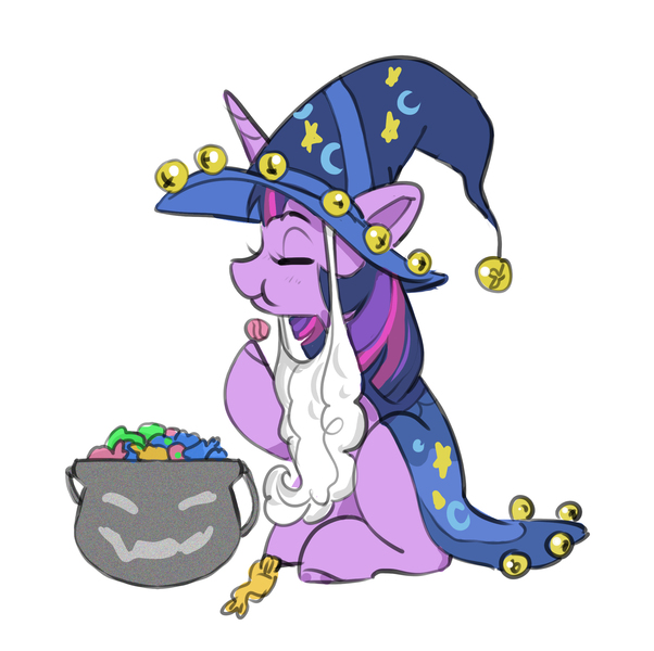 Size: 2186x2177 | Tagged: safe, artist:opalacorn, derpibooru import, twilight sparkle, pony, unicorn, g4, candy, clothes, costume, cute, eating, fake beard, female, food, horn, image, inktober, inktober 2024, jpeg, mare, nightmare night costume, simple background, sitting, solo, star swirl the bearded costume, twiabetes, unicorn twilight, white background