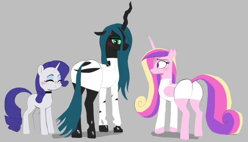 Size: 4096x2351 | Tagged: safe, artist:_ton618_, derpibooru import, princess cadance, queen chrysalis, rarity, alicorn, changeling, changeling queen, pony, unicorn, g4, blush lines, blushing, bugbutt, butt, chrysalass, clothes, cross-popping veins, dress, emanata, eyes closed, female, gray background, horn, image, jpeg, looking back, lovebutt, mare, plot, simple background, smiling, trio, trio female