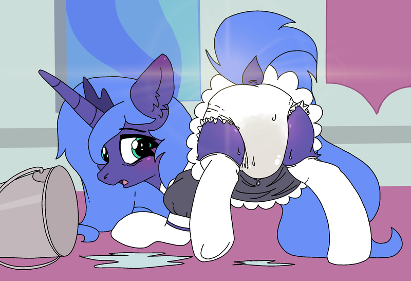 Size: 2537x1733 | Tagged: questionable, artist:asdfasfasda, derpibooru import, princess luna, blushing, bucket, clothes, diaper, diaper fetish, embarrassed, face down ass up, fetish, image, looking back, maid, png, solo, water, wet diaper