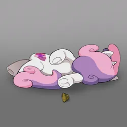 Size: 1200x1200 | Tagged: safe, artist:talimingi, derpibooru import, sweetie belle, pony, unicorn, g4, cork, family guy death pose, female, filly, foal, frog (hoof), gradient background, hoofbutt, horn, image, jpeg, lying down, side, solo, underhoof