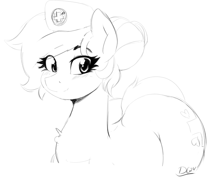 Size: 1989x1686 | Tagged: safe, artist:thelunarmoon, derpibooru import, nurse redheart, earth pony, pony, g4, female, grayscale, image, looking at you, mare, monochrome, png, signature, simple background, sketch, smiling, smiling at you, solo, white background