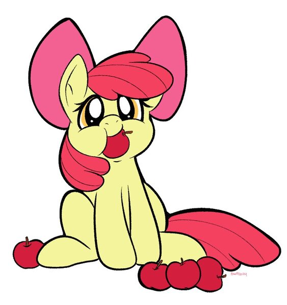 Size: 780x831 | Tagged: safe, artist:puggiepuppy, derpibooru import, apple bloom, earth pony, pony, adorabloom, apple, apple bloom's bow, bow, cute, eating, female, filly, foal, food, hair bow, image, jpeg, looking at you, mouth hold, simple background, sitting, solo, stuffing, text, white background